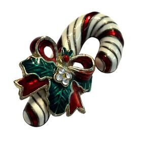 Vintage Christmas brooch candy cane pin red & white enamel finish holly bow